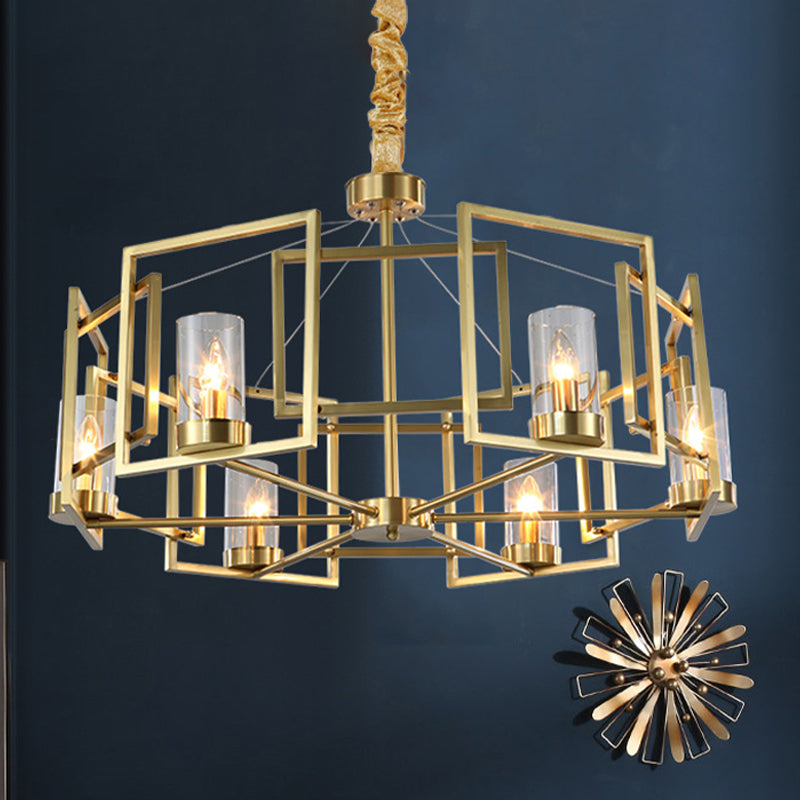 Luxury Cylinder Chandelier Pendant Light 4/6-Head Clear Glass Hanging Lamp in Gold with Rectangle Metal Cage Clearhalo 'Ceiling Lights' 'Chandeliers' Lighting' options 1455658