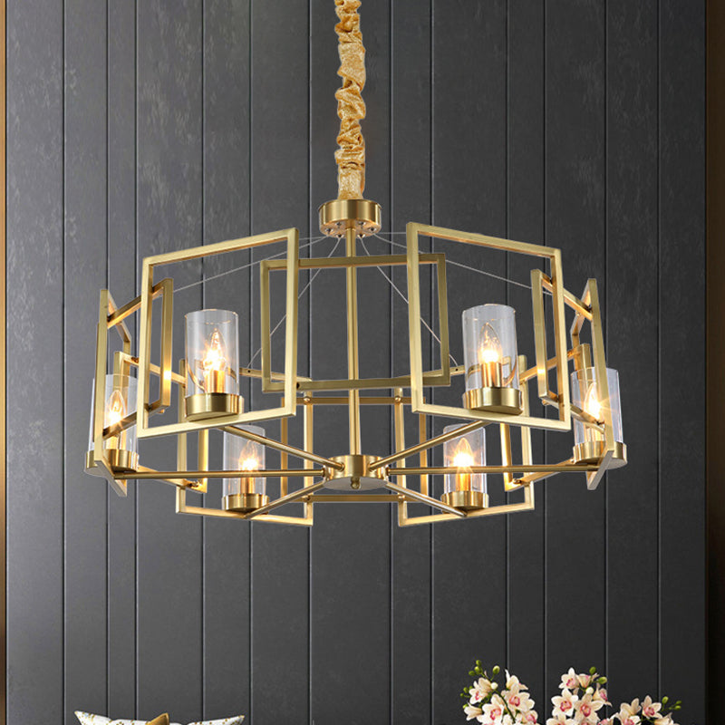 Luxury Cylinder Chandelier Pendant Light 4/6-Head Clear Glass Hanging Lamp in Gold with Rectangle Metal Cage Clearhalo 'Ceiling Lights' 'Chandeliers' Lighting' options 1455660