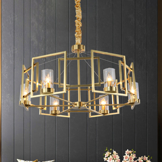 Luxury Cylinder Chandelier Pendant Light 4/6-Head Clear Glass Hanging Lamp in Gold with Rectangle Metal Cage Clearhalo 'Ceiling Lights' 'Chandeliers' Lighting' options 1455660