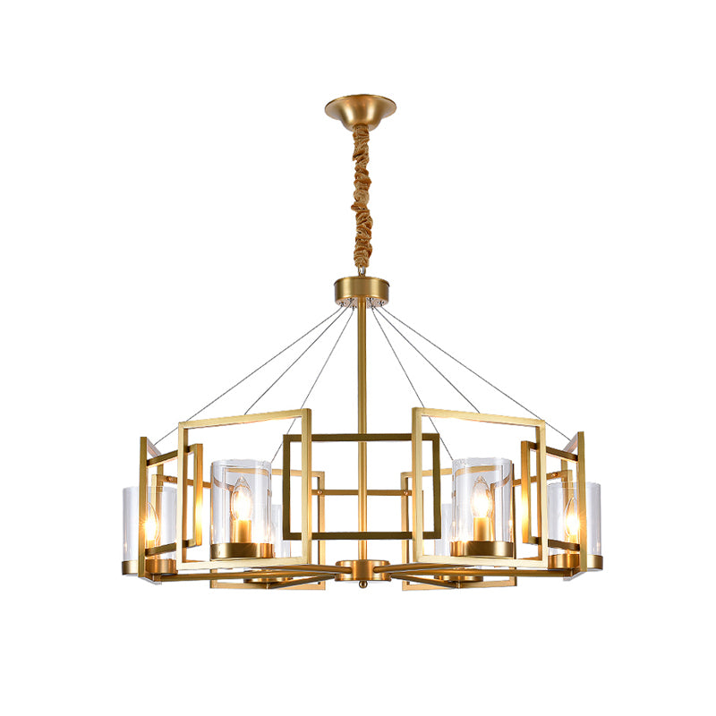 Luxury Cylinder Chandelier Pendant Light 4/6-Head Clear Glass Hanging Lamp in Gold with Rectangle Metal Cage Clearhalo 'Ceiling Lights' 'Chandeliers' Lighting' options 1455661