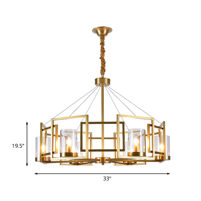 Luxury Cylinder Chandelier Pendant Light 4/6-Head Clear Glass Hanging Lamp in Gold with Rectangle Metal Cage Clearhalo 'Ceiling Lights' 'Chandeliers' Lighting' options 1455662