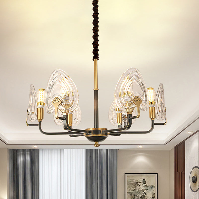 Heart-Shaped Bedroom Pendant Chandelier Colonial Clear Prismatic Glass 6/8 Bulbs Black and Gold Ceiling Light Clearhalo 'Ceiling Lights' 'Chandeliers' Lighting' options 1455665