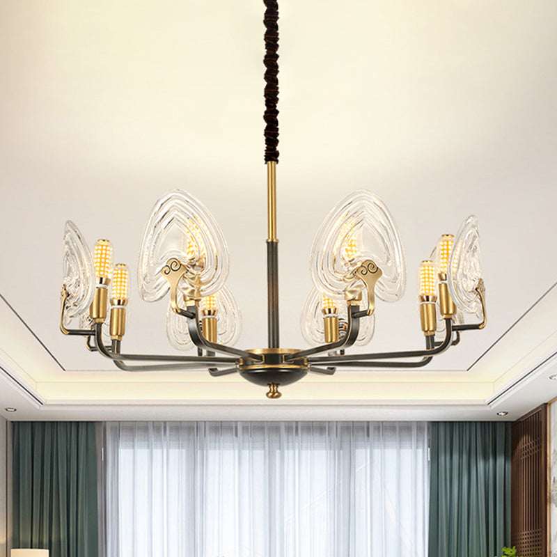 Heart-Shaped Bedroom Pendant Chandelier Colonial Clear Prismatic Glass 6/8 Bulbs Black and Gold Ceiling Light Clearhalo 'Ceiling Lights' 'Chandeliers' Lighting' options 1455668