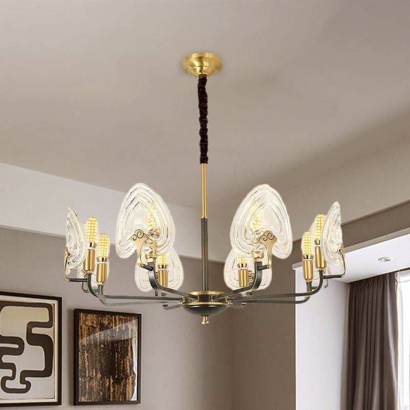 Heart-Shaped Bedroom Pendant Chandelier Colonial Clear Prismatic Glass 6/8 Bulbs Black and Gold Ceiling Light Clearhalo 'Ceiling Lights' 'Chandeliers' Lighting' options 1455669