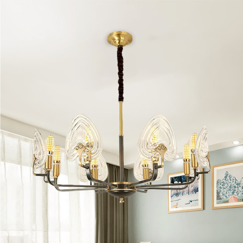 Heart-Shaped Bedroom Pendant Chandelier Colonial Clear Prismatic Glass 6/8 Bulbs Black and Gold Ceiling Light Clearhalo 'Ceiling Lights' 'Chandeliers' Lighting' options 1455670