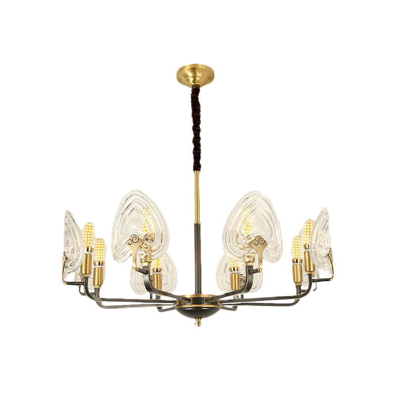 Heart-Shaped Bedroom Pendant Chandelier Colonial Clear Prismatic Glass 6/8 Bulbs Black and Gold Ceiling Light Clearhalo 'Ceiling Lights' 'Chandeliers' Lighting' options 1455671