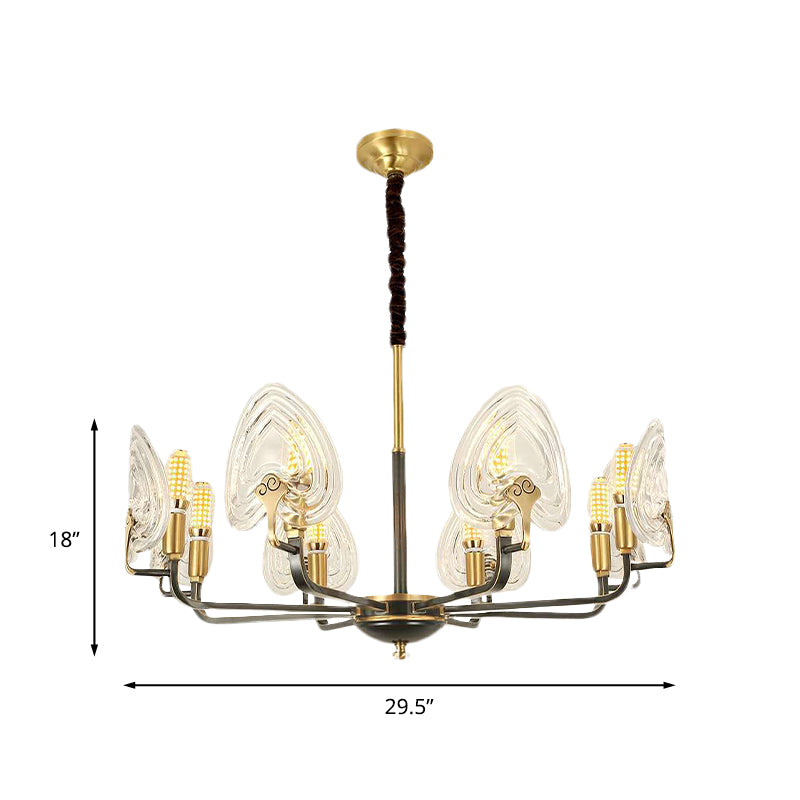 Heart-Shaped Bedroom Pendant Chandelier Colonial Clear Prismatic Glass 6/8 Bulbs Black and Gold Ceiling Light Clearhalo 'Ceiling Lights' 'Chandeliers' Lighting' options 1455672