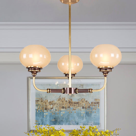 Ball Frosted Glass Ceiling Chandelier Colonial 3/6 Heads Dining Room Pendant Light in Black and Gold Clearhalo 'Ceiling Lights' 'Chandeliers' Lighting' options 1455673