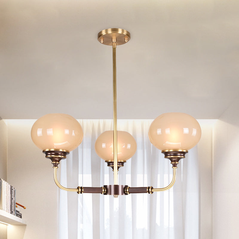 Ball Frosted Glass Ceiling Chandelier Colonial 3/6 Heads Dining Room Pendant Light in Black and Gold Clearhalo 'Ceiling Lights' 'Chandeliers' Lighting' options 1455675