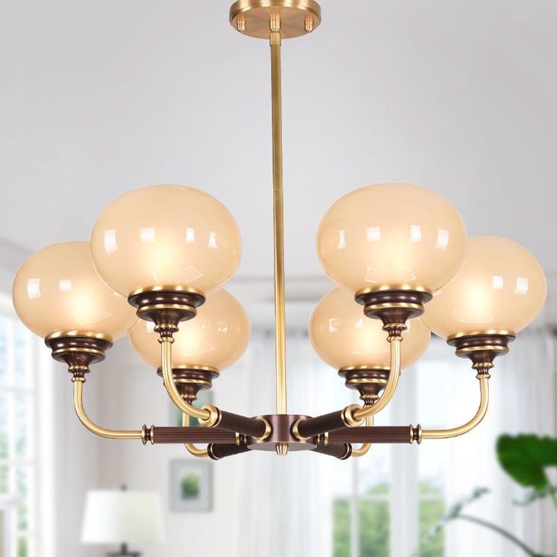 Ball Frosted Glass Ceiling Chandelier Colonial 3/6 Heads Dining Room Pendant Light in Black and Gold Clearhalo 'Ceiling Lights' 'Chandeliers' Lighting' options 1455678