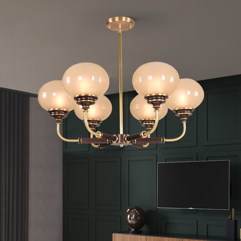 Ball Frosted Glass Ceiling Chandelier Colonial 3/6 Heads Dining Room Pendant Light in Black and Gold Clearhalo 'Ceiling Lights' 'Chandeliers' Lighting' options 1455679