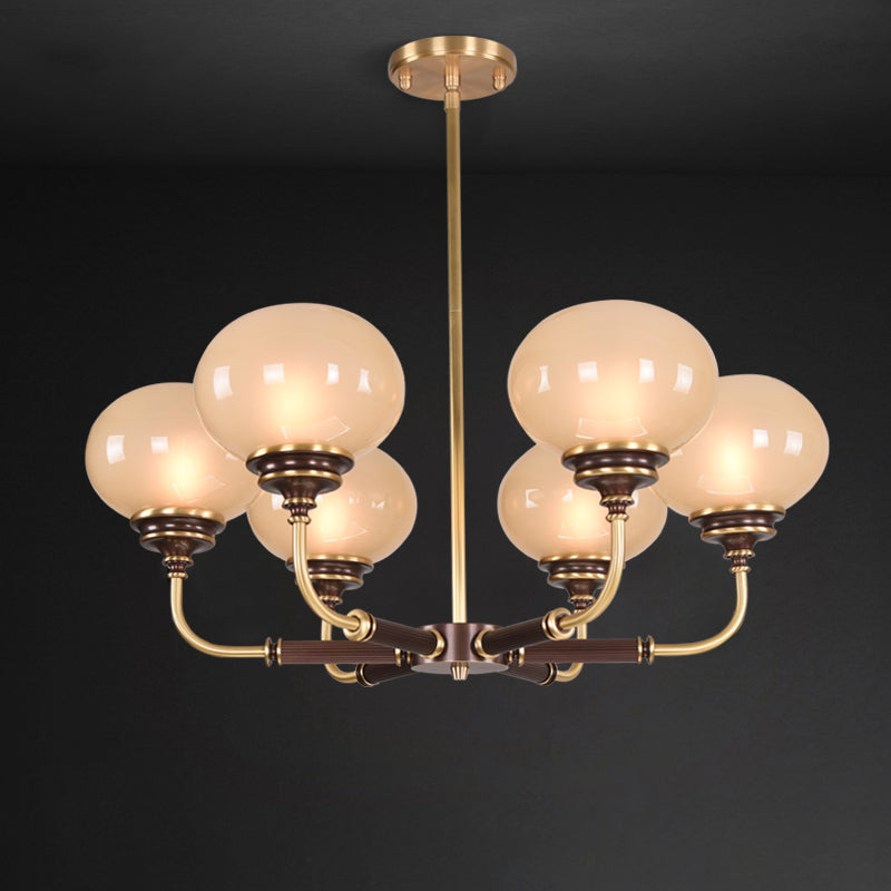 Ball Frosted Glass Ceiling Chandelier Colonial 3/6 Heads Dining Room Pendant Light in Black and Gold Clearhalo 'Ceiling Lights' 'Chandeliers' Lighting' options 1455680