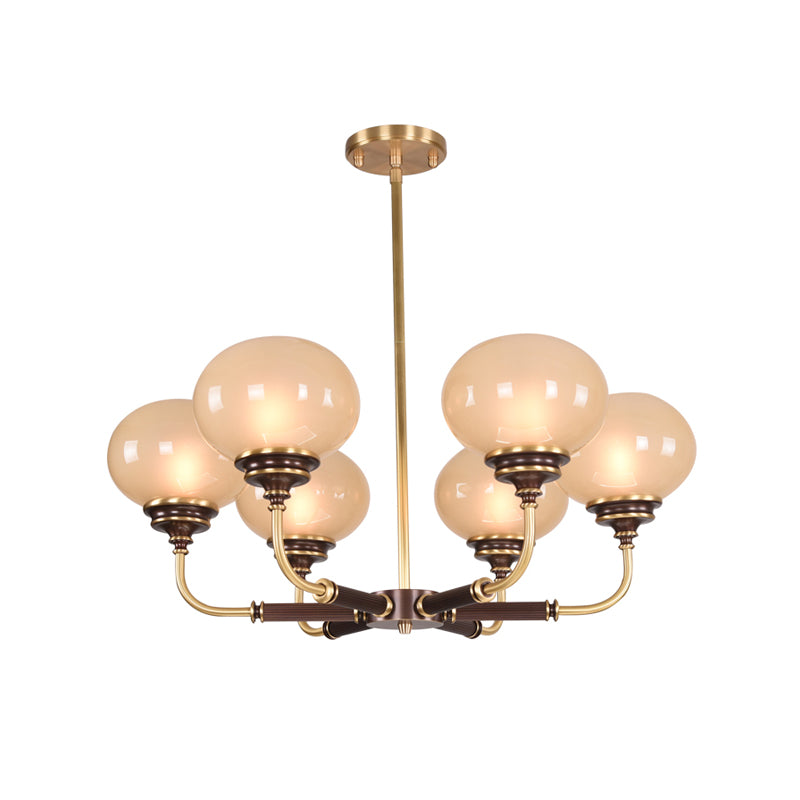 Ball Frosted Glass Ceiling Chandelier Colonial 3/6 Heads Dining Room Pendant Light in Black and Gold Clearhalo 'Ceiling Lights' 'Chandeliers' Lighting' options 1455681