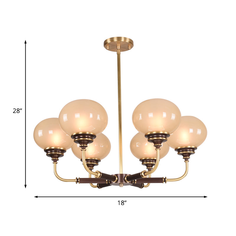 Ball Frosted Glass Ceiling Chandelier Colonial 3/6 Heads Dining Room Pendant Light in Black and Gold Clearhalo 'Ceiling Lights' 'Chandeliers' Lighting' options 1455682