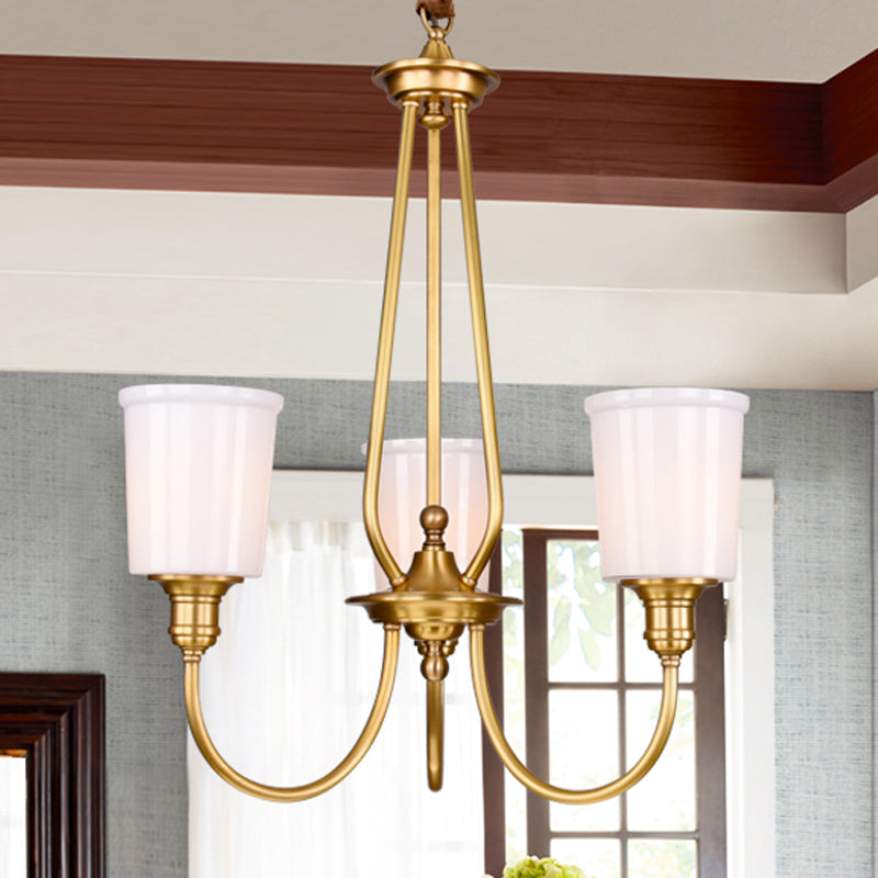 White Glass Cylinder Chandelier Light Colonialism 3/5 Lights Bedroom Pendant Lighting Fixture in Gold 3 Gold Clearhalo 'Ceiling Lights' 'Chandeliers' Lighting' options 1455683_41139507-73a9-40e4-9e74-de0ffeaf2165