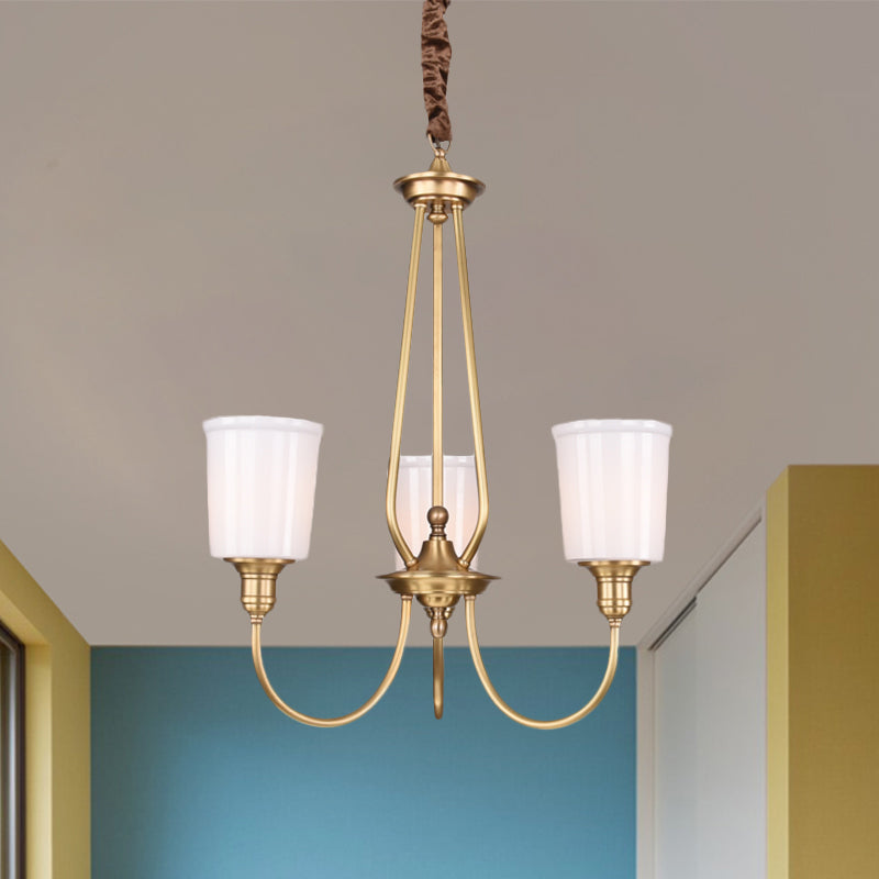 White Glass Cylinder Chandelier Light Colonialism 3/5 Lights Bedroom Pendant Lighting Fixture in Gold Clearhalo 'Ceiling Lights' 'Chandeliers' Lighting' options 1455684