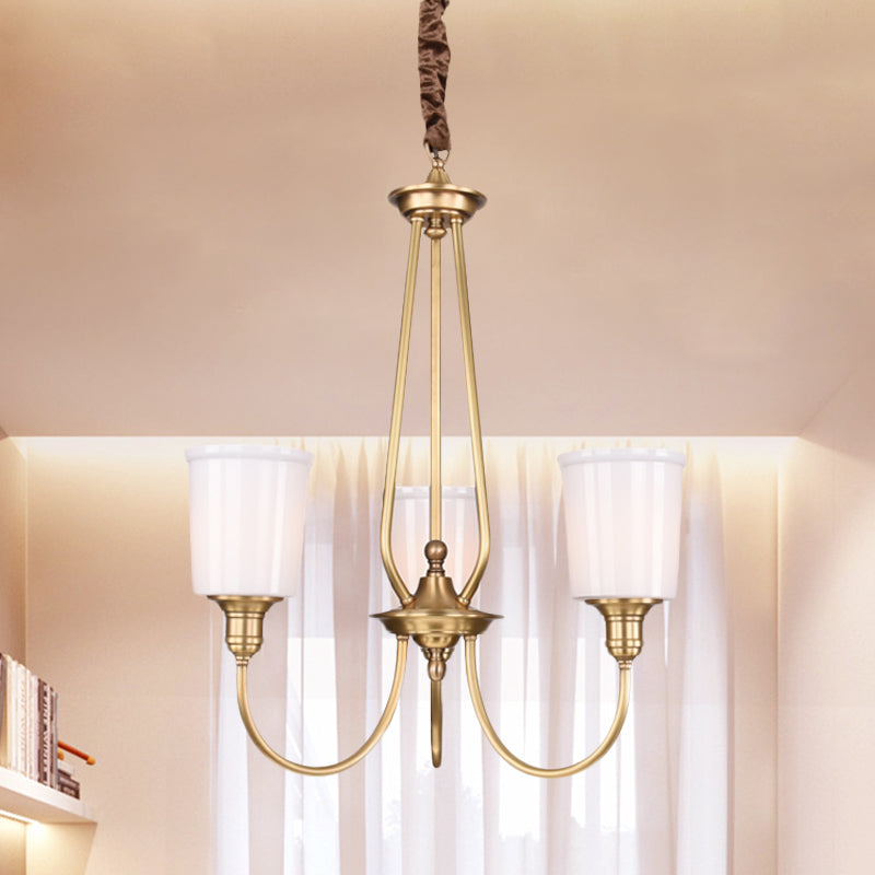 White Glass Cylinder Chandelier Light Colonialism 3/5 Lights Bedroom Pendant Lighting Fixture in Gold Clearhalo 'Ceiling Lights' 'Chandeliers' Lighting' options 1455685