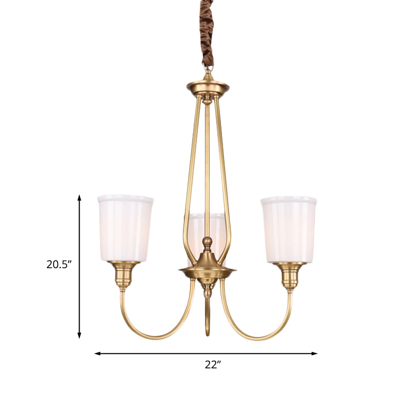 White Glass Cylinder Chandelier Light Colonialism 3/5 Lights Bedroom Pendant Lighting Fixture in Gold Clearhalo 'Ceiling Lights' 'Chandeliers' Lighting' options 1455687