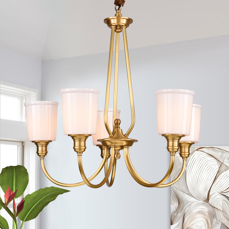 White Glass Cylinder Chandelier Light Colonialism 3/5 Lights Bedroom Pendant Lighting Fixture in Gold 5 Gold Clearhalo 'Ceiling Lights' 'Chandeliers' Lighting' options 1455688_40852b6a-c127-4299-99aa-b9217266249e