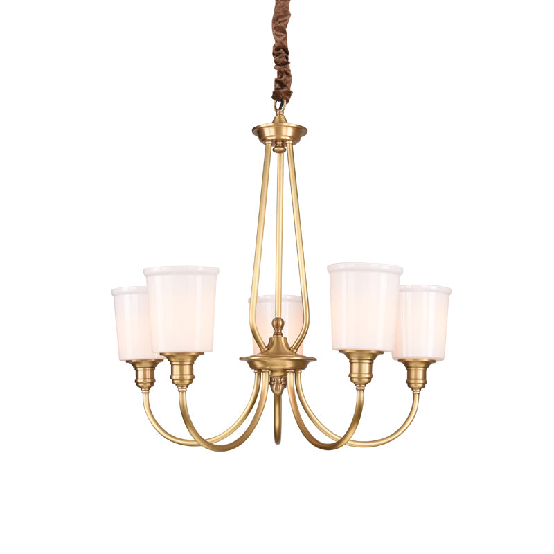 White Glass Cylinder Chandelier Light Colonialism 3/5 Lights Bedroom Pendant Lighting Fixture in Gold Clearhalo 'Ceiling Lights' 'Chandeliers' Lighting' options 1455689