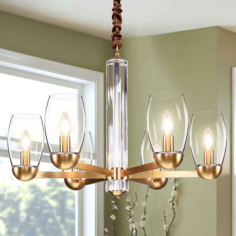 Clear Glass Gold Chandelier Lamp Oval 3/6-Bulb Colonialist Suspension Pendant with Starburst Design Clearhalo 'Ceiling Lights' 'Chandeliers' Lighting' options 1455691