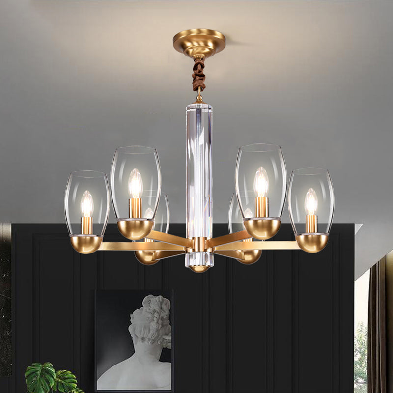 Clear Glass Gold Chandelier Lamp Oval 3/6-Bulb Colonialist Suspension Pendant with Starburst Design Clearhalo 'Ceiling Lights' 'Chandeliers' Lighting' options 1455692