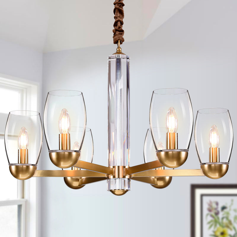 Clear Glass Gold Chandelier Lamp Oval 3/6-Bulb Colonialist Suspension Pendant with Starburst Design Clearhalo 'Ceiling Lights' 'Chandeliers' Lighting' options 1455693