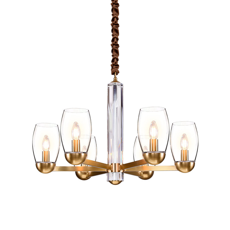 Clear Glass Gold Chandelier Lamp Oval 3/6-Bulb Colonialist Suspension Pendant with Starburst Design Clearhalo 'Ceiling Lights' 'Chandeliers' Lighting' options 1455694