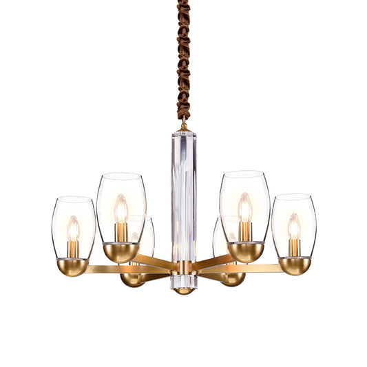 Clear Glass Gold Chandelier Lamp Oval 3/6-Bulb Colonialist Suspension Pendant with Starburst Design Clearhalo 'Ceiling Lights' 'Chandeliers' Lighting' options 1455694