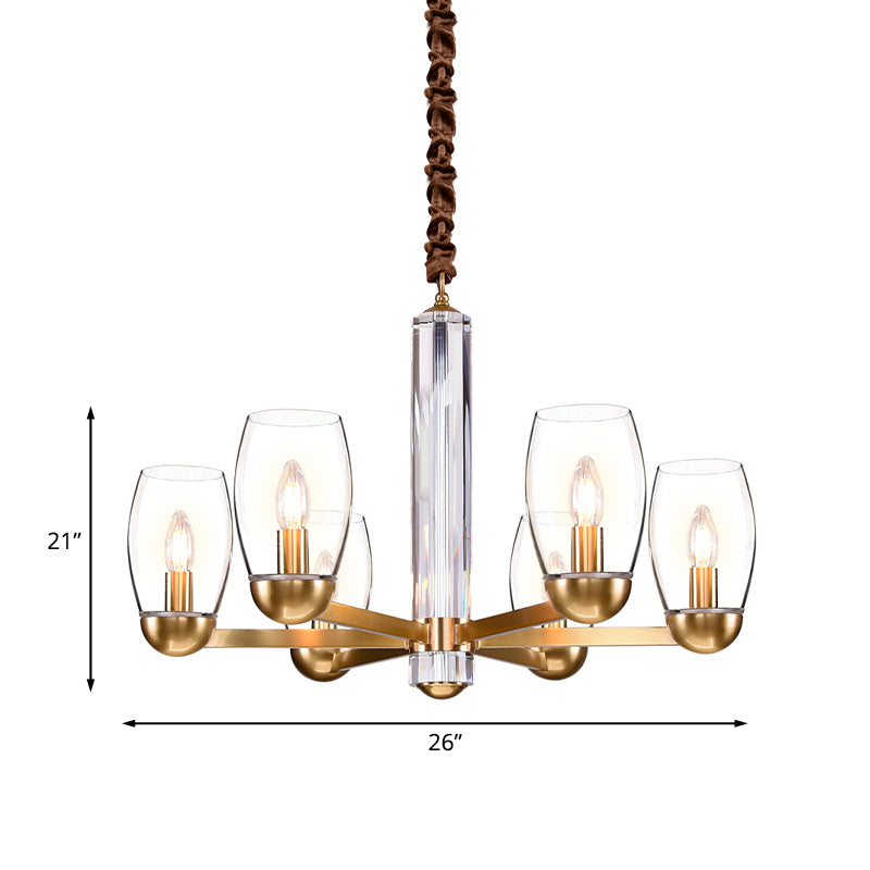 Clear Glass Gold Chandelier Lamp Oval 3/6-Bulb Colonialist Suspension Pendant with Starburst Design Clearhalo 'Ceiling Lights' 'Chandeliers' Lighting' options 1455695