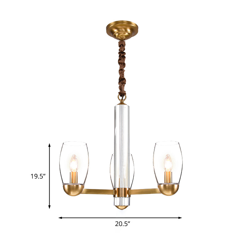 Clear Glass Gold Chandelier Lamp Oval 3/6-Bulb Colonialist Suspension Pendant with Starburst Design Clearhalo 'Ceiling Lights' 'Chandeliers' Lighting' options 1455700