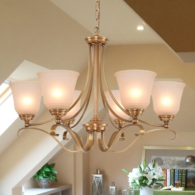 Colonialism Flared Chandelier Light Fixture 5/6 Bulbs Opal Glass Suspension Lamp in Gold with Scrolling Arm Clearhalo 'Ceiling Lights' 'Chandeliers' Lighting' options 1455701