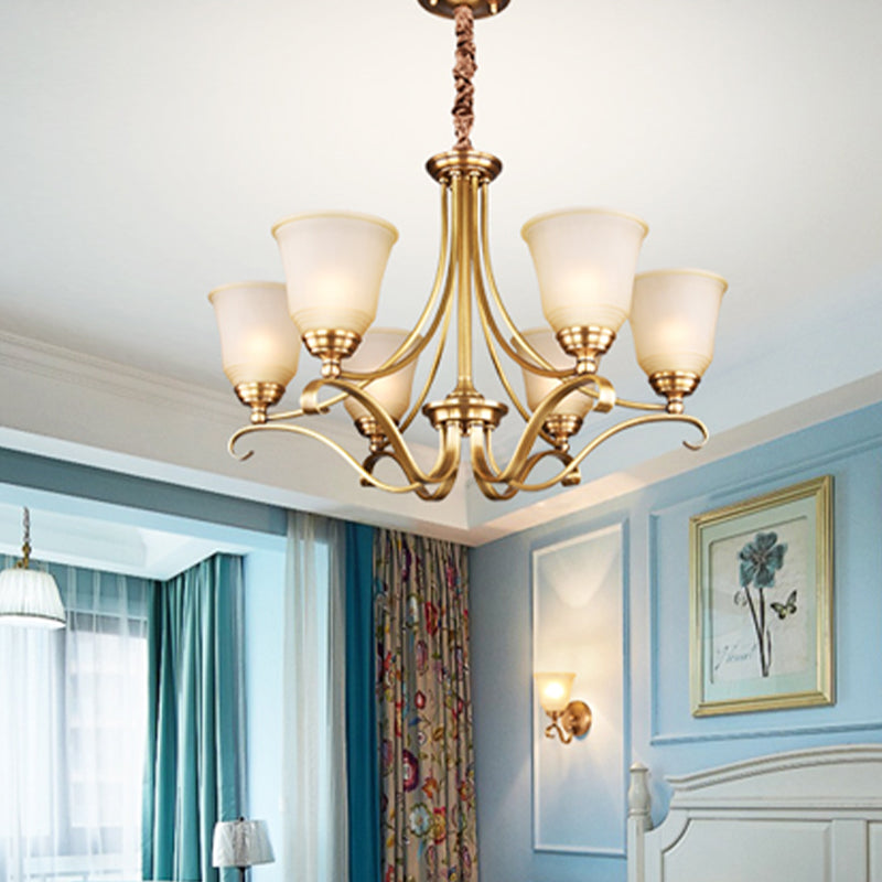 Colonialism Flared Chandelier Light Fixture 5/6 Bulbs Opal Glass Suspension Lamp in Gold with Scrolling Arm Clearhalo 'Ceiling Lights' 'Chandeliers' Lighting' options 1455702