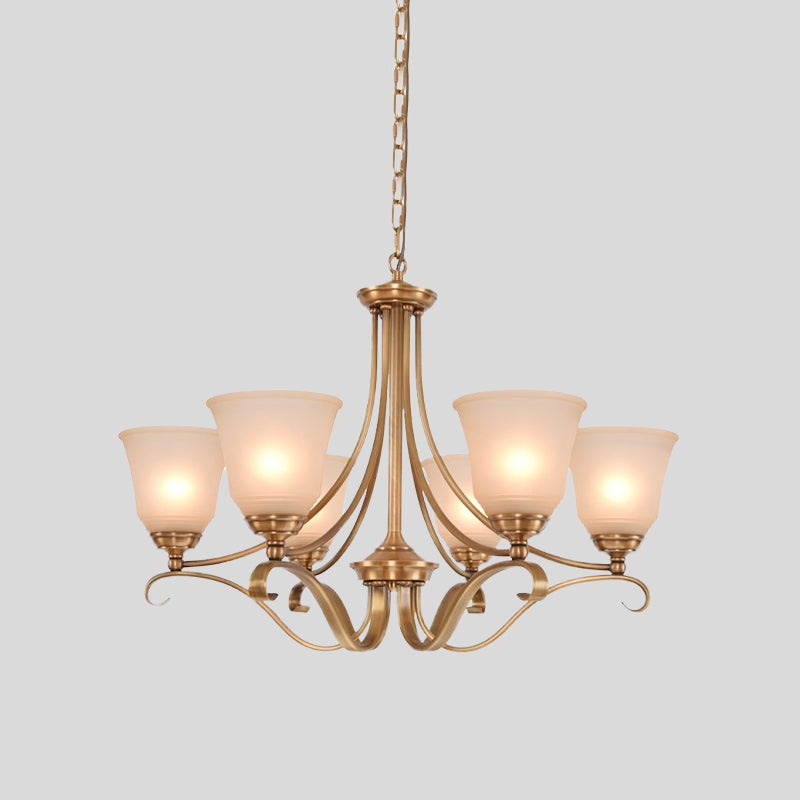 Colonialism Flared Chandelier Light Fixture 5/6 Bulbs Opal Glass Suspension Lamp in Gold with Scrolling Arm Clearhalo 'Ceiling Lights' 'Chandeliers' Lighting' options 1455703