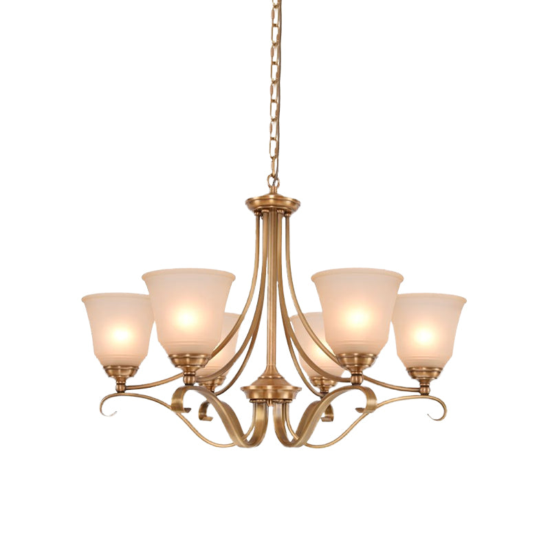 Colonialism Flared Chandelier Light Fixture 5/6 Bulbs Opal Glass Suspension Lamp in Gold with Scrolling Arm Clearhalo 'Ceiling Lights' 'Chandeliers' Lighting' options 1455704