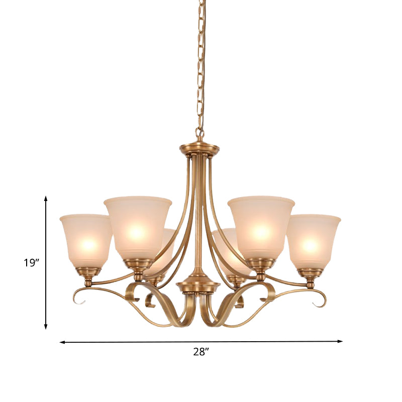 Colonialism Flared Chandelier Light Fixture 5/6 Bulbs Opal Glass Suspension Lamp in Gold with Scrolling Arm Clearhalo 'Ceiling Lights' 'Chandeliers' Lighting' options 1455705