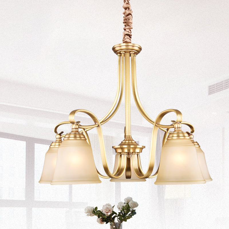 Colonialism Flared Chandelier Light Fixture 5/6 Bulbs Opal Glass Suspension Lamp in Gold with Scrolling Arm 5 Gold Clearhalo 'Ceiling Lights' 'Chandeliers' Lighting' options 1455706_9fc50273-2cf4-44eb-a1d2-83d2b2a90a5e