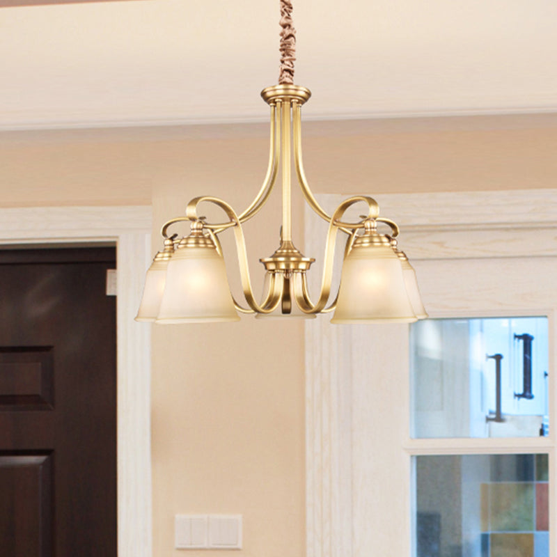 Colonialism Flared Chandelier Light Fixture 5/6 Bulbs Opal Glass Suspension Lamp in Gold with Scrolling Arm Clearhalo 'Ceiling Lights' 'Chandeliers' Lighting' options 1455707