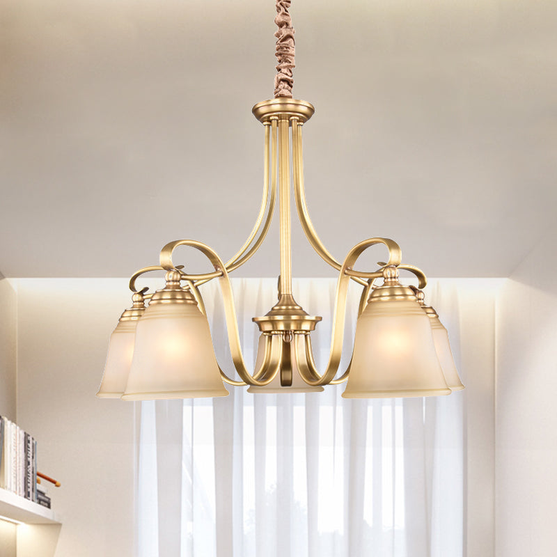 Colonialism Flared Chandelier Light Fixture 5/6 Bulbs Opal Glass Suspension Lamp in Gold with Scrolling Arm Clearhalo 'Ceiling Lights' 'Chandeliers' Lighting' options 1455708