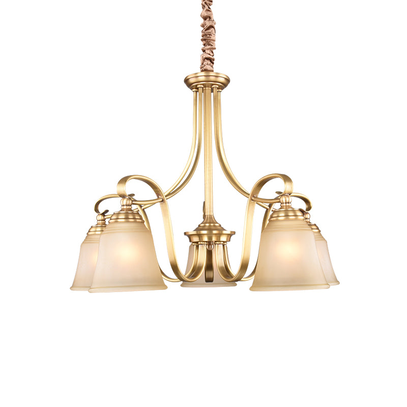 Colonialism Flared Chandelier Light Fixture 5/6 Bulbs Opal Glass Suspension Lamp in Gold with Scrolling Arm Clearhalo 'Ceiling Lights' 'Chandeliers' Lighting' options 1455709