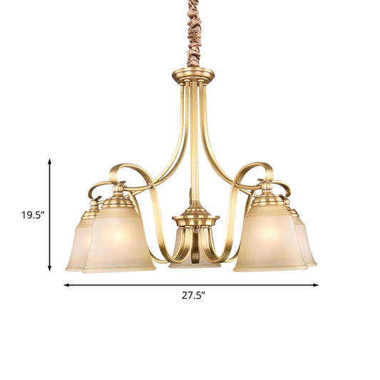 Colonialism Flared Chandelier Light Fixture 5/6 Bulbs Opal Glass Suspension Lamp in Gold with Scrolling Arm Clearhalo 'Ceiling Lights' 'Chandeliers' Lighting' options 1455710