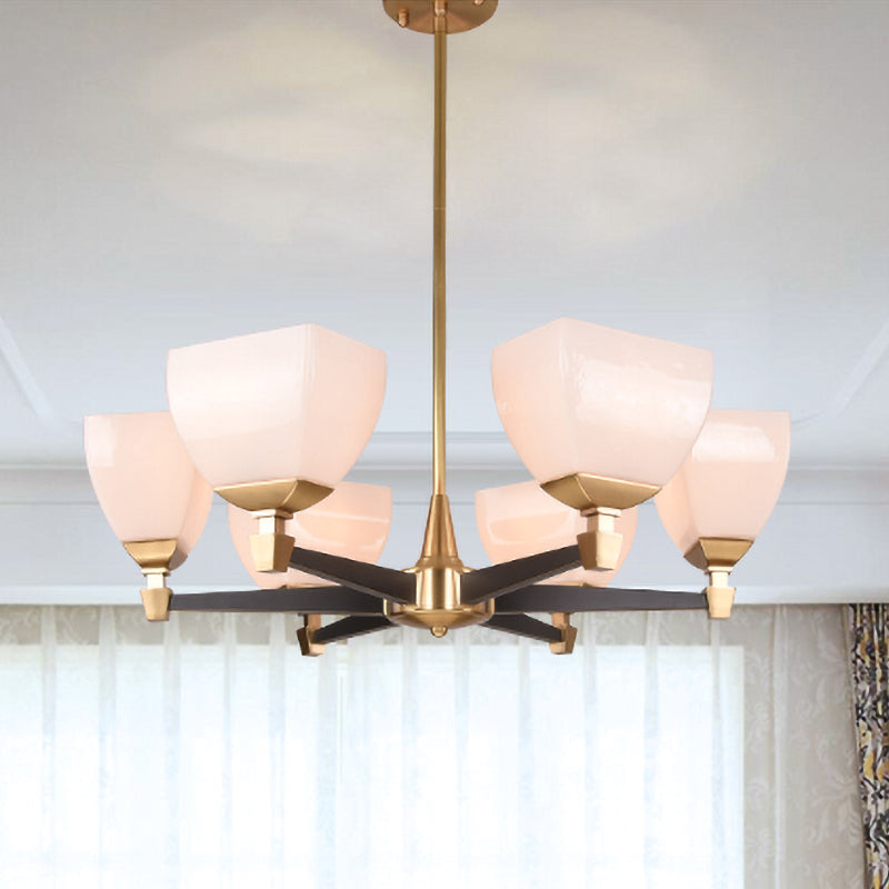 Colonialist Trapezoidal Chandelier Lighting Fixture 4/6 Heads Opal Glass Ceiling Pendant Light in Gold Clearhalo 'Ceiling Lights' 'Chandeliers' Lighting' options 1455711