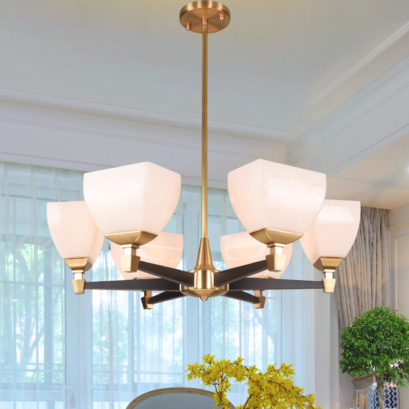 Colonialist Trapezoidal Chandelier Lighting Fixture 4/6 Heads Opal Glass Ceiling Pendant Light in Gold Clearhalo 'Ceiling Lights' 'Chandeliers' Lighting' options 1455713