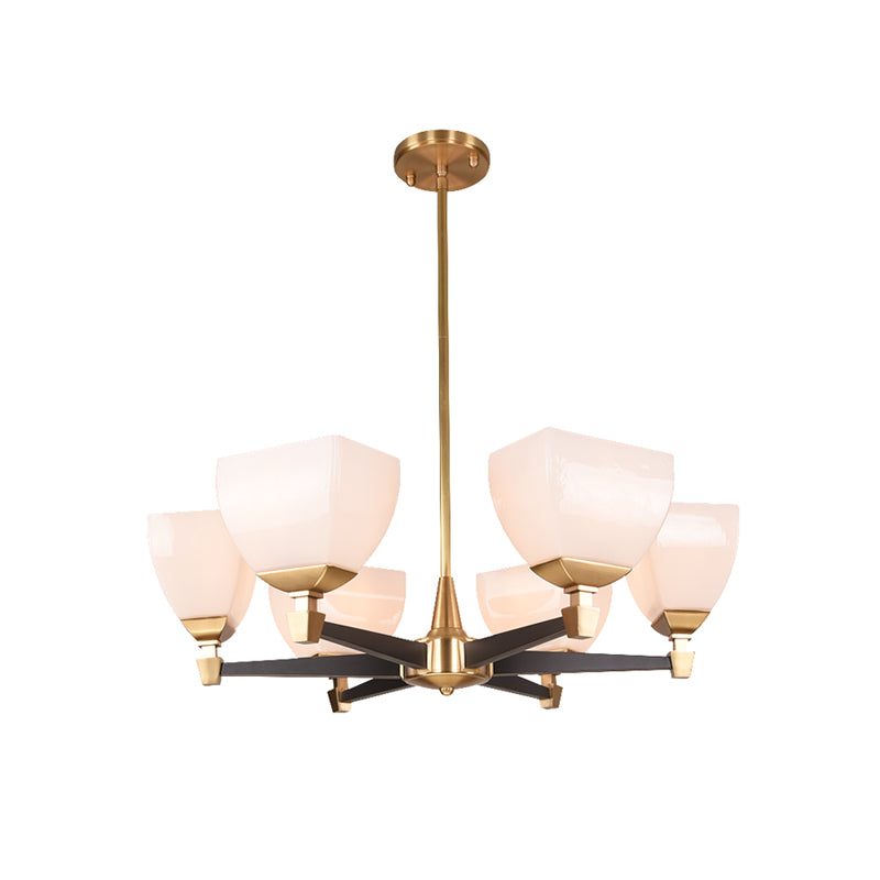 Colonialist Trapezoidal Chandelier Lighting Fixture 4/6 Heads Opal Glass Ceiling Pendant Light in Gold Clearhalo 'Ceiling Lights' 'Chandeliers' Lighting' options 1455714