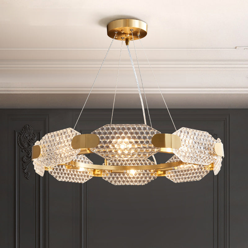 8-Head Octagon Chandelier Light Colonialist Gold Clear Textured Glass Ceiling Lamp with Circular Design Clearhalo 'Ceiling Lights' 'Chandeliers' Lighting' options 1455721