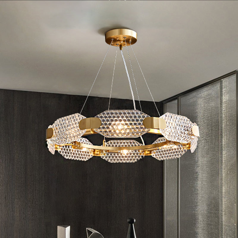 8-Head Octagon Chandelier Light Colonialist Gold Clear Textured Glass Ceiling Lamp with Circular Design Clearhalo 'Ceiling Lights' 'Chandeliers' Lighting' options 1455722