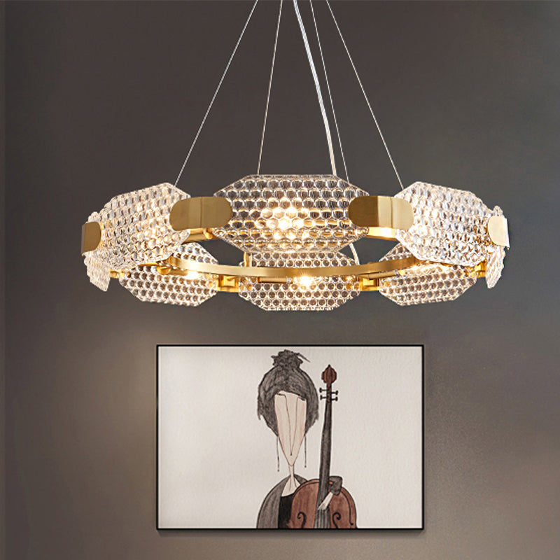 8-Head Octagon Chandelier Light Colonialist Gold Clear Textured Glass Ceiling Lamp with Circular Design Clearhalo 'Ceiling Lights' 'Chandeliers' Lighting' options 1455723