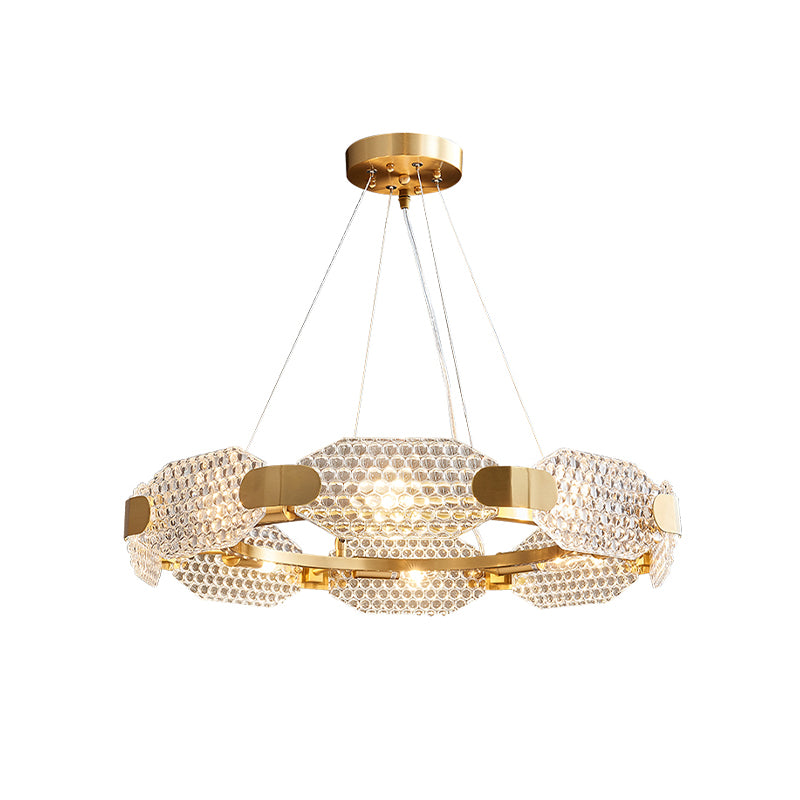 8-Head Octagon Chandelier Light Colonialist Gold Clear Textured Glass Ceiling Lamp with Circular Design Clearhalo 'Ceiling Lights' 'Chandeliers' Lighting' options 1455724