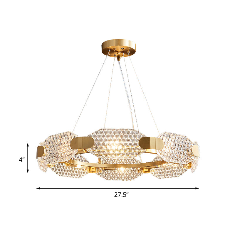 8-Head Octagon Chandelier Light Colonialist Gold Clear Textured Glass Ceiling Lamp with Circular Design Clearhalo 'Ceiling Lights' 'Chandeliers' Lighting' options 1455725