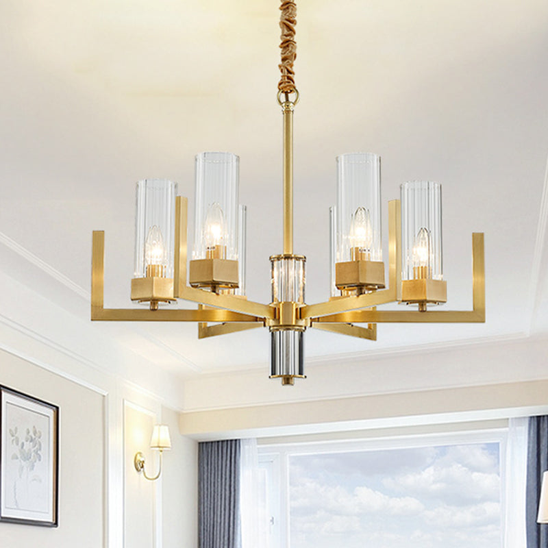 6-Light Clear Glass Chandelier Lamp Colonialism Gold Column Living Room Ceiling Pendant Light Clearhalo 'Ceiling Lights' 'Chandeliers' Lighting' options 1455726